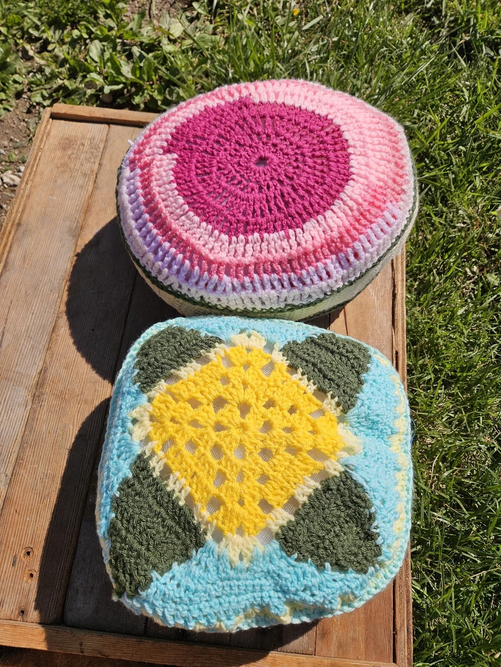 Vintage 70s Style Hand Crochet Round Boho Mandala Accent Throw Pillows Set of 2